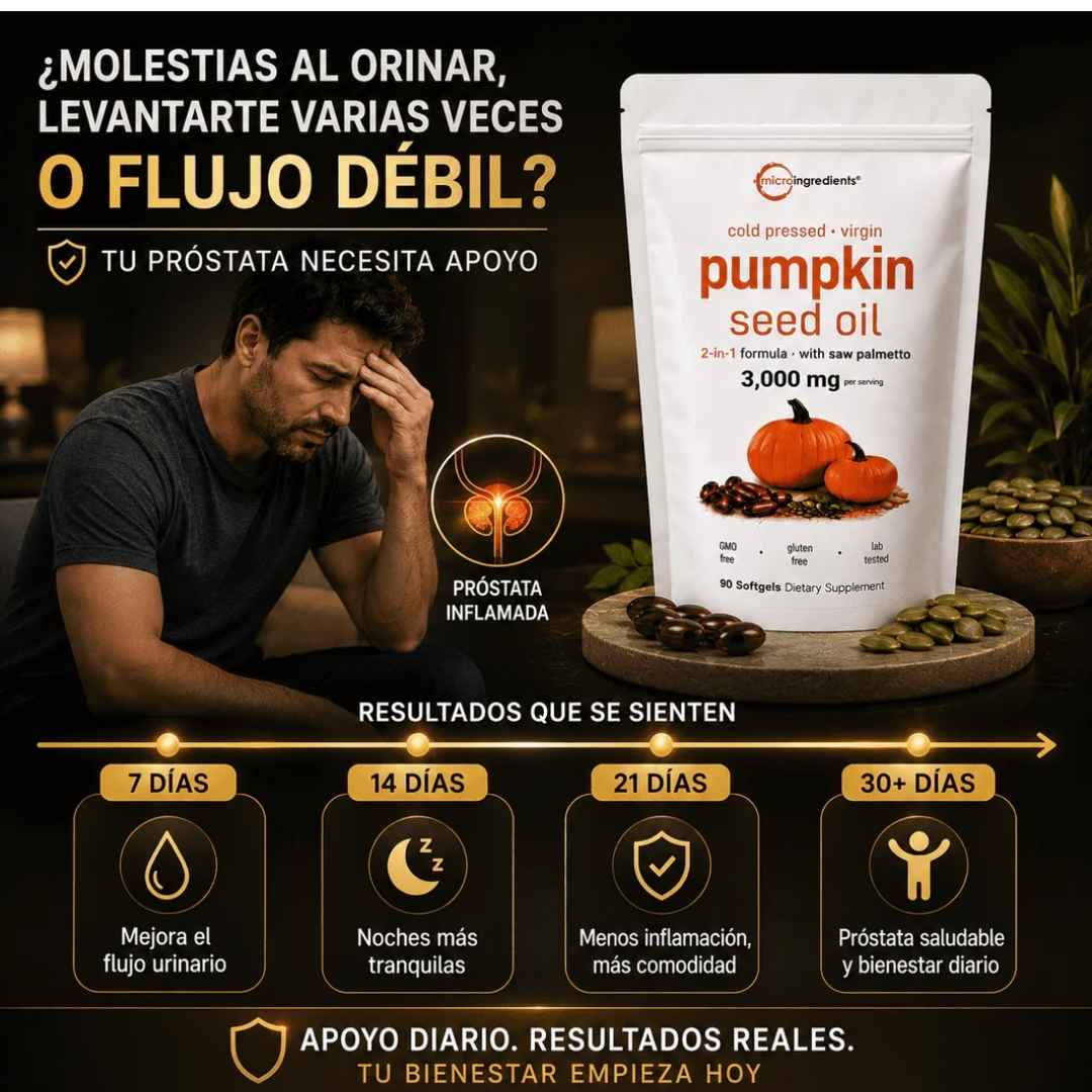 Pumpkin Seed Oil Microingredients® 3000 mg + Saw Palmetto Apoya tu Salud Prostática y fortalece tu cabello desde hoy