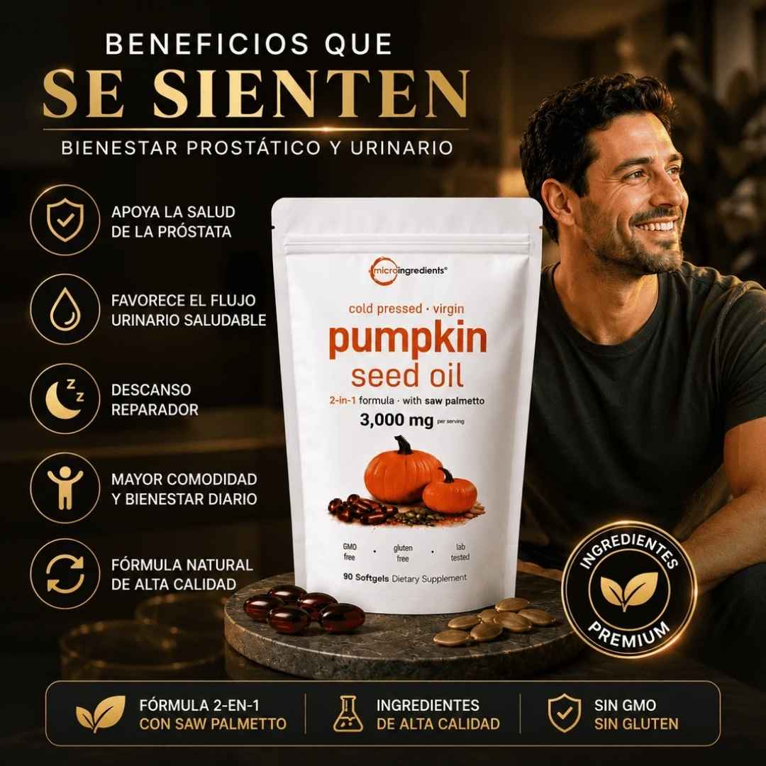 Pumpkin Seed Oil Microingredients® 3000 mg + Saw Palmetto Apoya tu Salud Prostática y fortalece tu cabello desde hoy