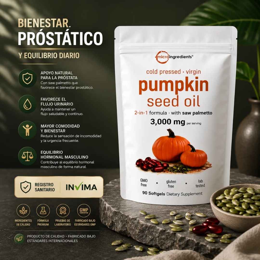 Pumpkin Seed Oil Microingredients® 3000 mg + Saw Palmetto Apoya tu Salud Prostática y fortalece tu cabello desde hoy