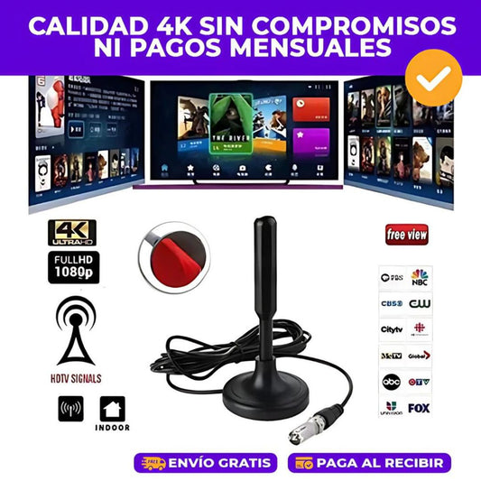 Antena HDTV Digital Portátil 4K – Recepción Magnética de Largo Alcance, Canales Gratis en Alta Definición, Fácil de Instalar Plug & Play