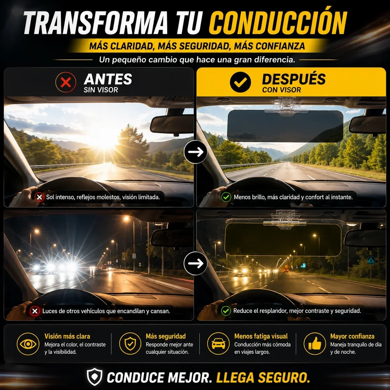 Visor HD Día y Noche Para Carro: Conduce Tranquilo y Sin Encandilamientos en Cualquier Vía